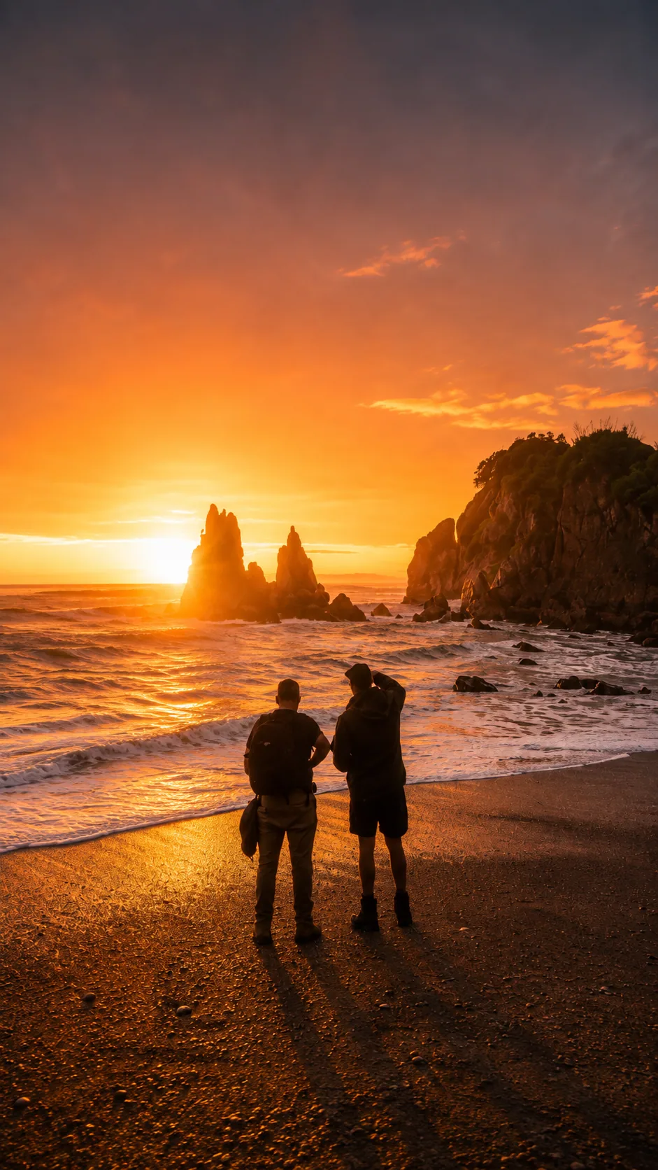 Travelers watching the sunset on a coastal journey